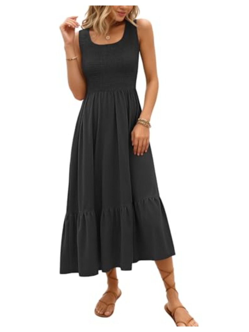 Women Casual Maxi Dress Smocked Sleeveless Boho Summer Tiered Flowy